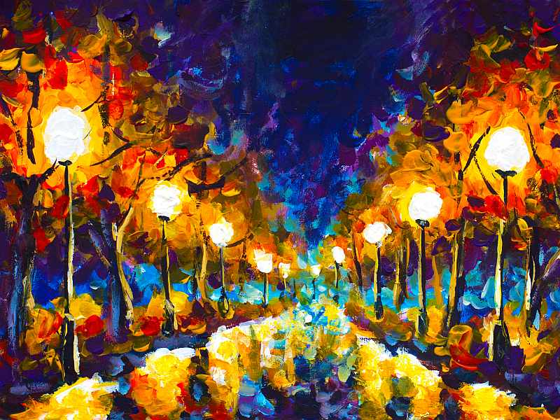 Original expressionism oil painting evening park cityscape, beautiful reflection on wet asphalt on canvas. Abstract violet-orange lonely night park. Palette knife artwork. Impressionism. Art. Foto: Adobe Stock