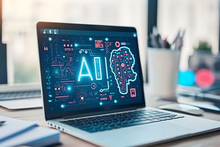 Künstliche Intelligenz im Blick: Ein Notebook mit dem Schriftzug ‚AI‘ auf dem Monitor, modernes Arbeiten mit innovativer Technologie, Foto: Adobe Stock