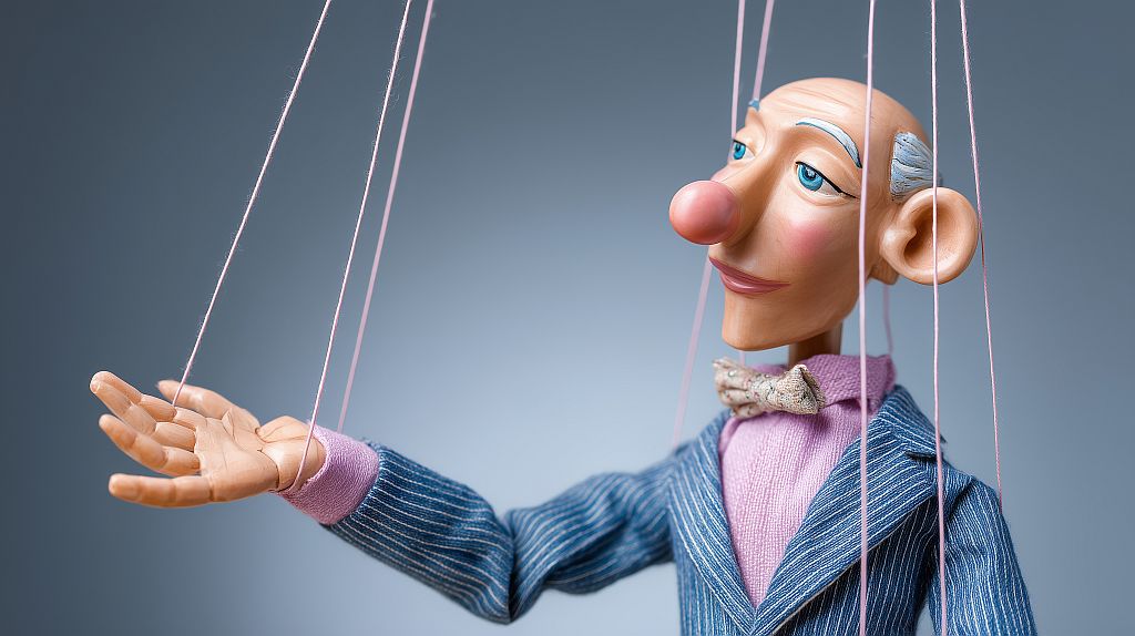 Wooden marionette puppet controlled by strings on a gray background, Foto: Adobe Stock