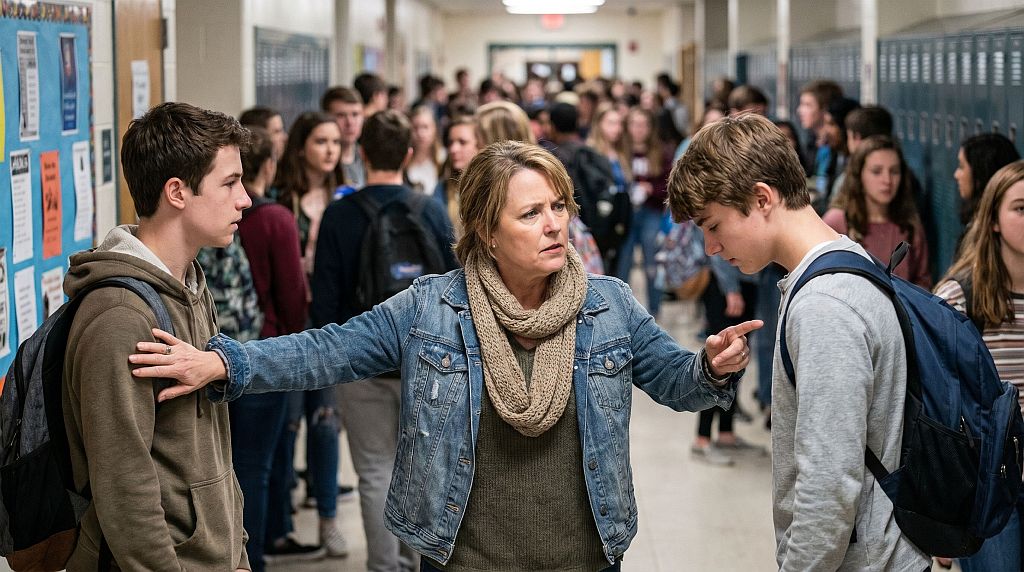 Female teacher intervening to stop a fight between two teenage boys in a school hallway, Foto: Adobe Stock